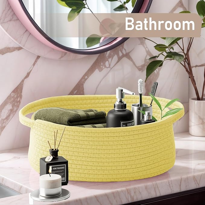 Woven Basket,Small Rope Storage Bin with Handles & Ribbon Bag, Organizer for Shelves Closets,Gift Basket Empty for Birthday,Books,Dog Toys, Yellow
