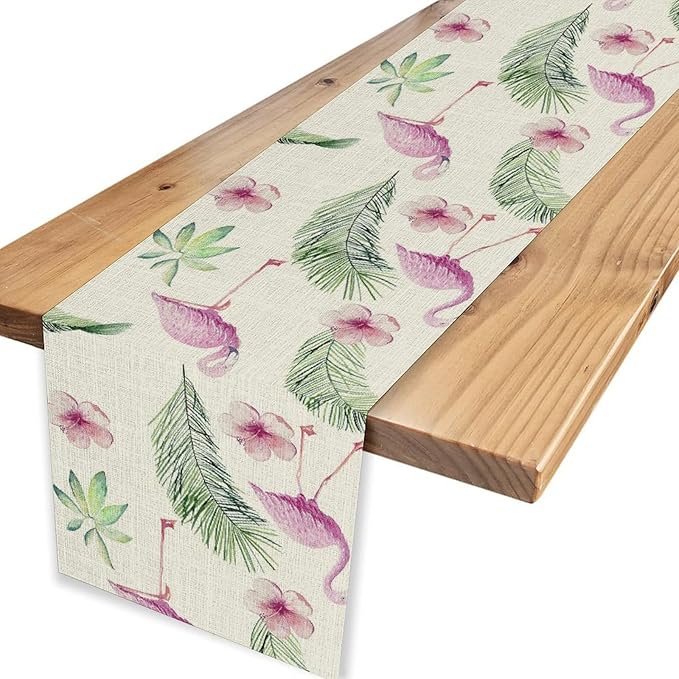 Flamingo Table Runner,Spring Summer Tropical Floral Green Palm Leaves Hawaiian Luau Watercolor Table Center Decor for Family Kitchen Living Room Farmhouse Party Table Decorations, 13"x90"