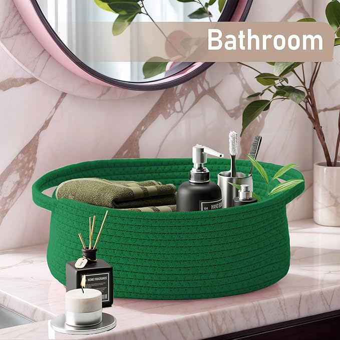 Woven Basket,Small Rope Storage Bin with Handles & Ribbon Bag, Organizer for Shelves Closets,Gift Basket Empty for Birthday,Books,Dog Toys, Green