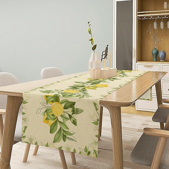 Summer Lemon Table Runner, Spring Blooming Lemon Tree Branches Bouquets Yellow Green Leaves Table Runner for Farmhouse Home Dining Kitchen Table Party Decor, 13x36inch