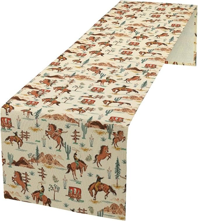Western Cowboy Table Runner,Vintage Farmhouse Country Cowboy Horse Cactus Desert Print Table Runner for Kitchen Dining Table Holiday Home Party Decor 13x70in