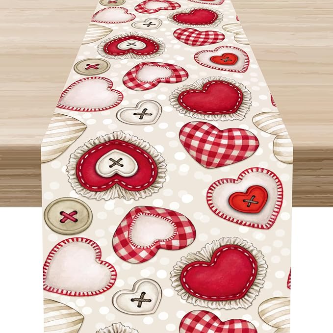 Red Heart Table Runner,Retro Rustic Beige Heart Buttons Polka Dot Valentines Decorations Decor for Family Kitchen and Living Room Outdoor Farmhouse Party Table Decorations, 13"x36"