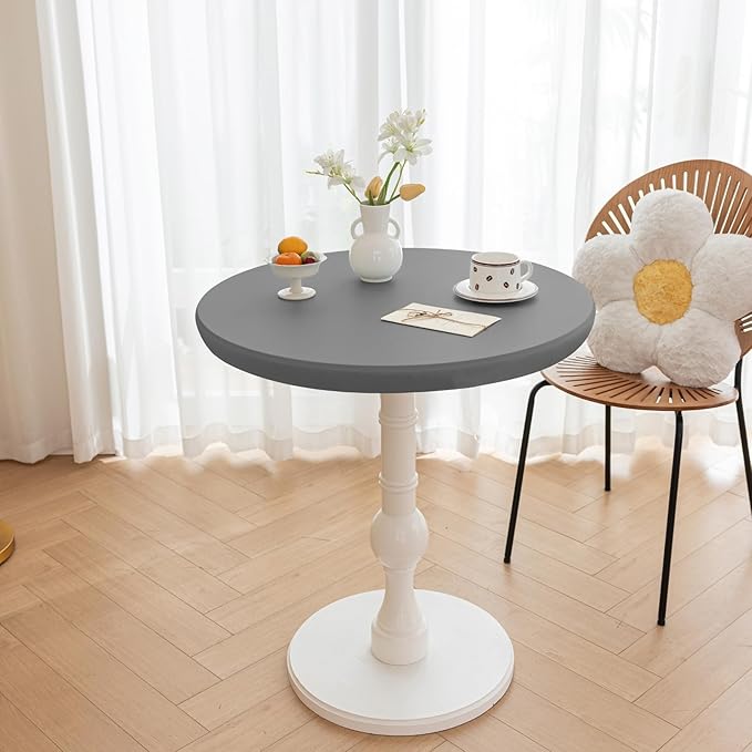 Round Fitted PU Tablecloth with High Elastic Edge 35 Inch Dia Waterproof Oil Proof Table Cloth Anti-Scald Stain-Resistant Wipeable Table Cover for Indoor Outdoor Picnic (Light Grey,35" Dia)