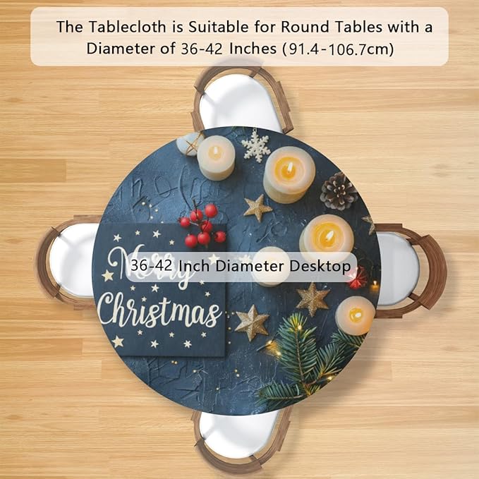 Merry Christmas Candle Star Round Table Cloth Cover, Elastic Edge Waterproof Wipeable Tablecloths 36"-42" Polyester Tablecloth for Party Restaurant Banquet Holiday Camping Outdoor Picnic