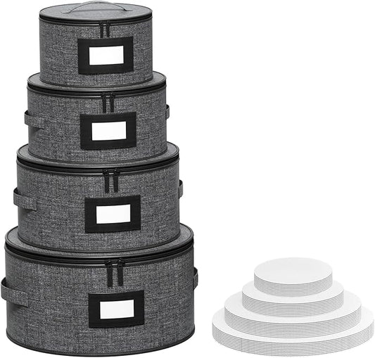 Aokeyee 4 Pcak China Storage Containers, Hard Shell Plates Storage Box with 48 Soft Divider for Saucer, Dessert, Salad, Dinner, Sturdy Quilted Stackable Dish Organizer for Moving & Protection, Grey