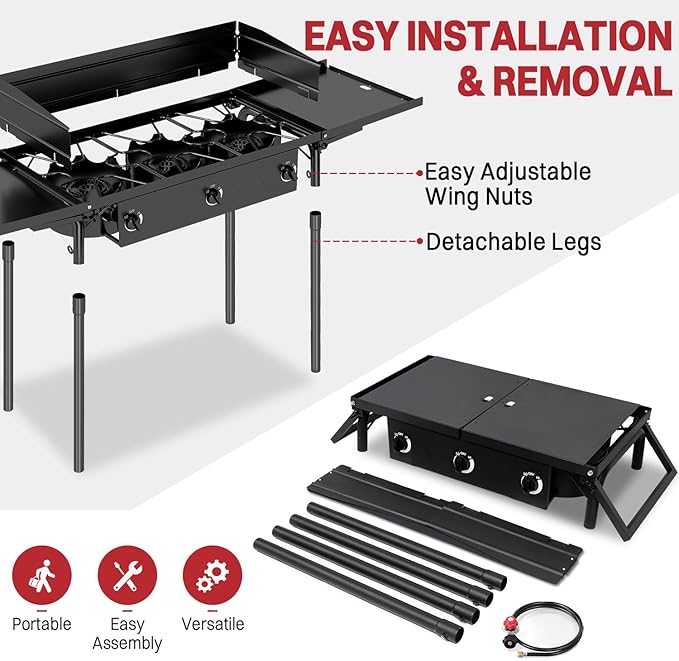 3 Burner Propane Camp Stove | 225,000 BTU Gas Burners | Side Shelves | Windscreen | Waterproof Cover | Detachable Legs | Ideal for Camping Backyard Outdoor Cooking