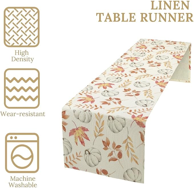 Autumn Pumpkin Table Runner, Watercolor Fall Maple Leaves Pumpkins Harvest Thanksgiving Table Runner for Holiday Dining Room Kitchen Table Party Decor, 13x120inch