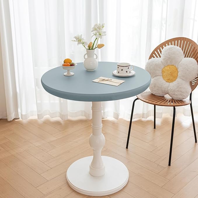 Round Fitted PU Tablecloth with High Elastic Edge 28 Inch Dia Waterproof Oil Proof Table Cloth Anti-Scald Stain-Resistant Wipeable Table Cover for Indoor Outdoor Picnic (Blue,28" Dia)