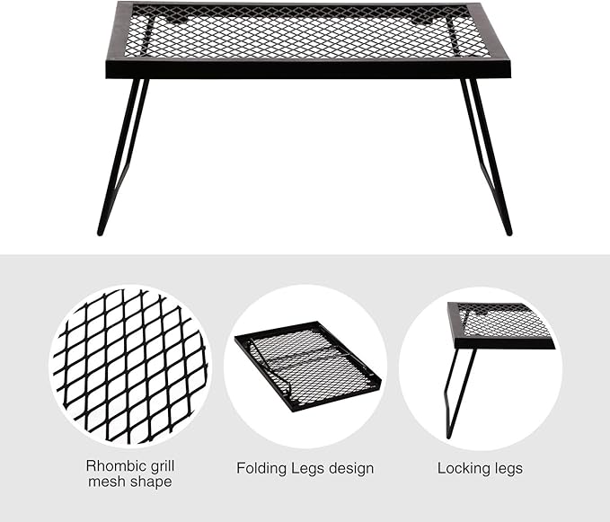 17" Folding Campfire Grill Grate, Portable Heavy Duty Steel Over Fire Camp Grill for Outdoor Camping Cooking Fire Pit, Black