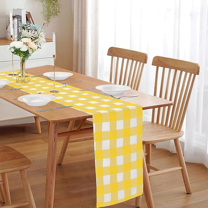 Fabric Checkered Table Runner 12 Pack Waterproof Gingham Table Runner 14W x 108L Buffalo Check Table Runners for Parties Kitchen Dining Wedding Banquet (Yellow and White)