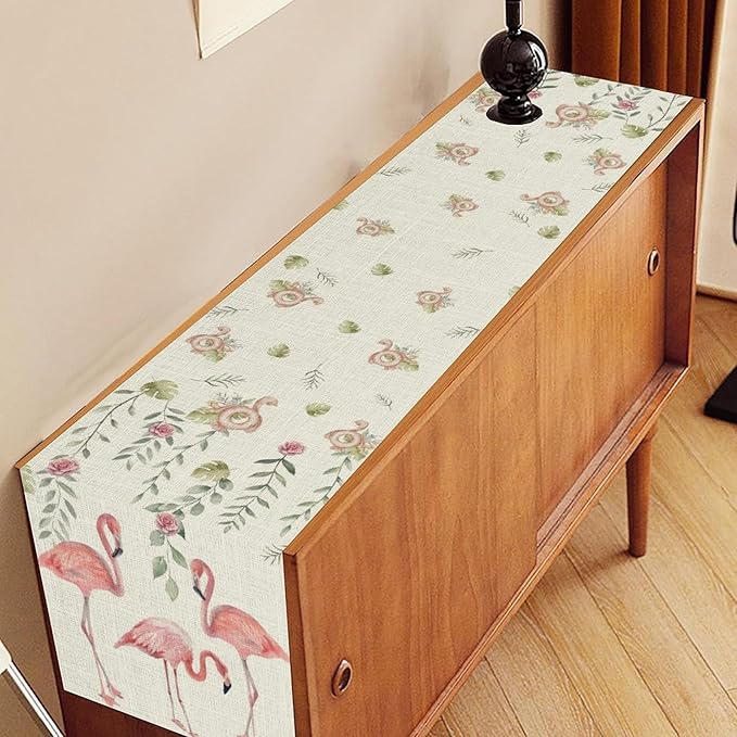 Flamingo Table Runner,Rustic Boho Grey Leaf Pink Rose Floral Tropical Bird Pattern Table Center Decor for Family Kitchen and Living Room Outdoor Farmhouse Party Table Decorations, 13"x108"