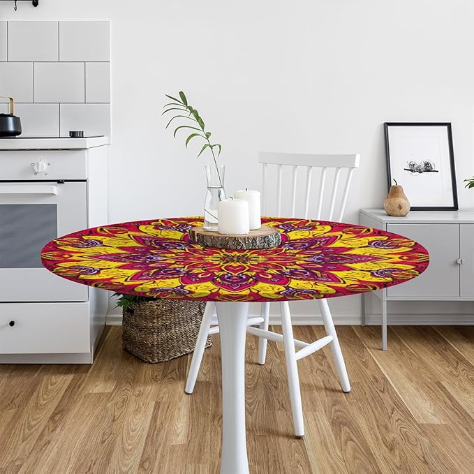 Floral Mandala Vintage Round Table Cloth Cover, Elastic Edge Waterproof Wipeable Tablecloths 45"-56" Polyester Tablecloth for Party Restaurant Banquet Holiday Camping Outdoor Picnic