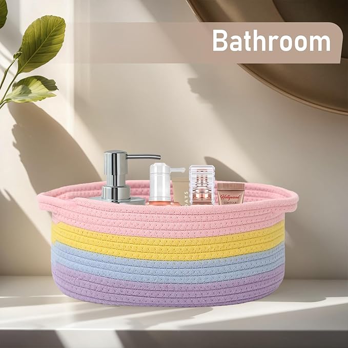 Woven Basket,Small Rope Storage Bin with Handles & Ribbon Bag, Organizer for Shelves Closets,Gift Basket Empty for Birthday,Books,Dog Toys, Rainbow