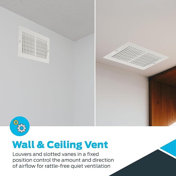 EZ-FLO 10 x 6 Inch (Duct Opening) Air Vent Cover for Wall or Ceiling, Two-Way Ventilation Register, Solid Steel HVAC Register Cover, White, 61610