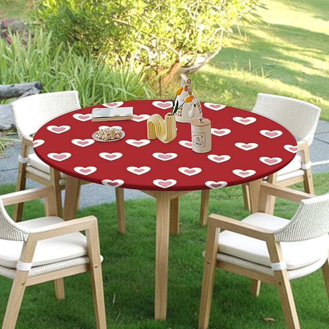 Valentines Day Round Fitted Tablecloth with Elastic Red Pink Heart Circle Table Cloth for 44-48" Round Tables Wipeable Waterproof Washable Burgundy Valentine Table Cover for Picnic Dining Party Decor