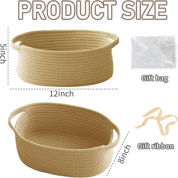 Woven Basket,Small Rope Storage Bin with Handles & Ribbon Bag, Organizer for Shelves Closets,Gift Basket Empty for Birthday,Books,Dog Toys, Jute/2 Pack