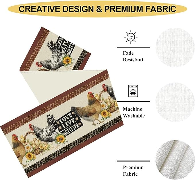Farmhouse Rooster Table Runner, Rustic Vintage Chicken Egg Sunflower Floral Cow Hen Red Coffee Table Center Decor for Family Kitchen and Dining Room Outdoor Country Party Table Decorations, 13"x108"