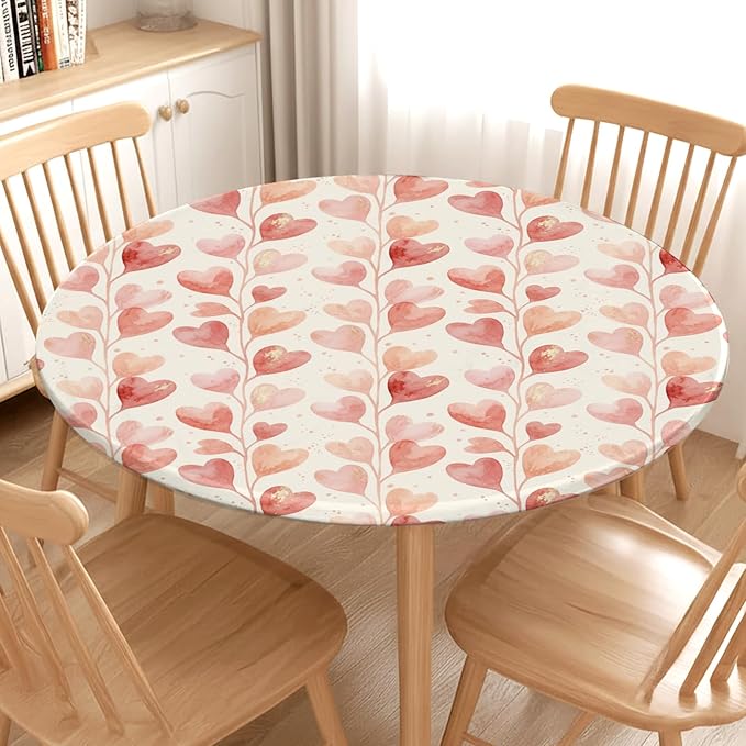 Valentines Day Round Fitted Tablecloth with Elastic Pink Love Heart Circle Table Cloth for 40-44" Round Tables Wipeable Waterproof Washable Valentine Hearts Table Cover for Picnic Dining Party Decor