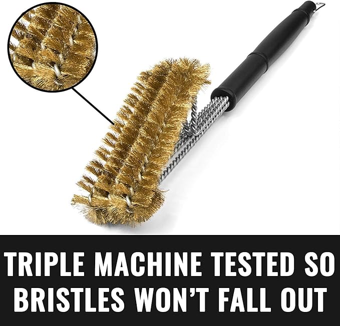 Grillaholics Brass Grill Brush – Safe BBQ Brush for Outdoor Cooking – Heavy-Duty Soft Bristle Grill Cleaning Tool for Porcelain & Ceramic Grates