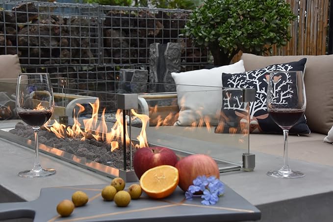 Elementi Granville Fire Pit Bundle Outdoor Firepit Set Includes 60” Natural Gas Concrete Firepit Table, Glass Windscreen, Stainless Steel Cover, Canvas Cover, Floor Mat, Ice Bucket