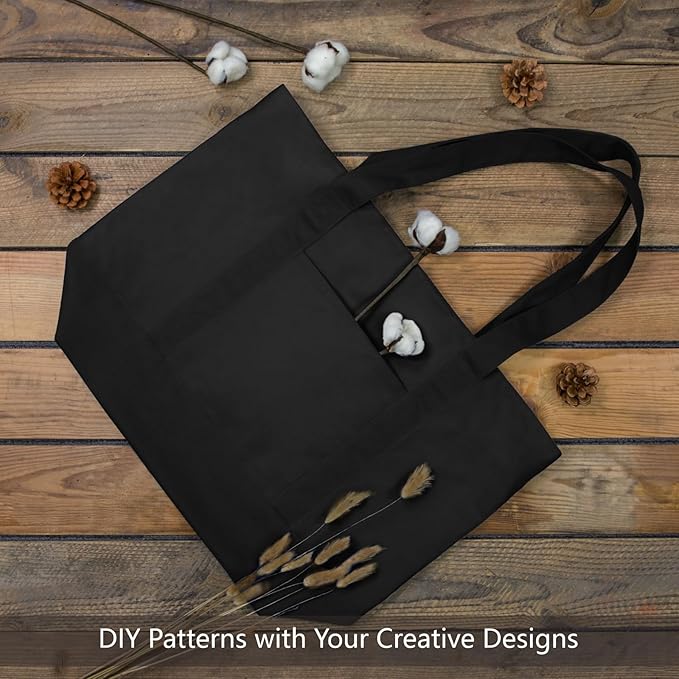 TOPDesign 6-Pack Canvas Tote Bags with an External Pocket, Reusable Grocery Shopping Bags, Top Zipper Closure, Daily Essentials (Black)