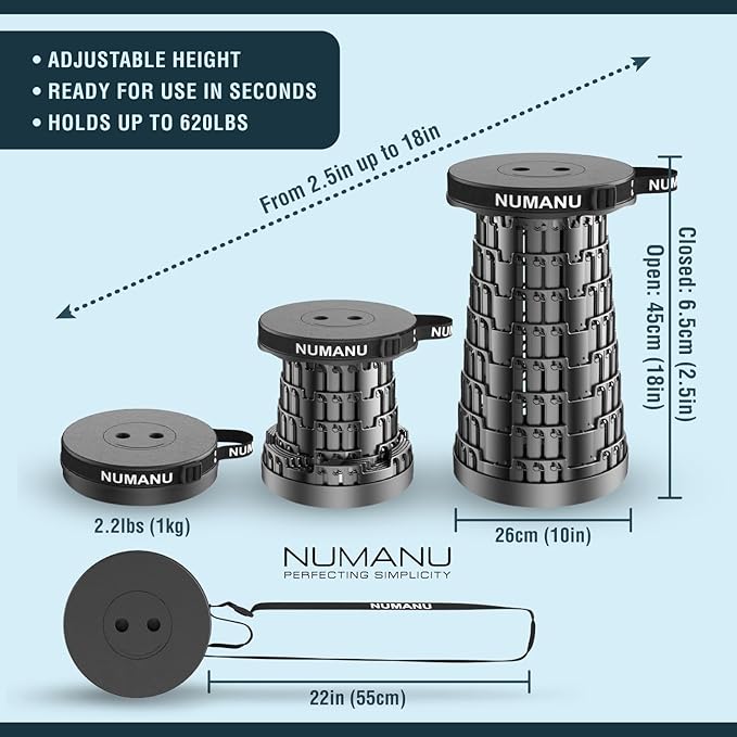 NUMANU 2PK 2025 Upgraded Collapsible Stool, Max 620lbs, 18"H Adjustable Portable Folding Stool for Adults, Retractable Foldable Telescopic Seat Camping Chair or Footrest (2PK Hard Seats + Accessories)