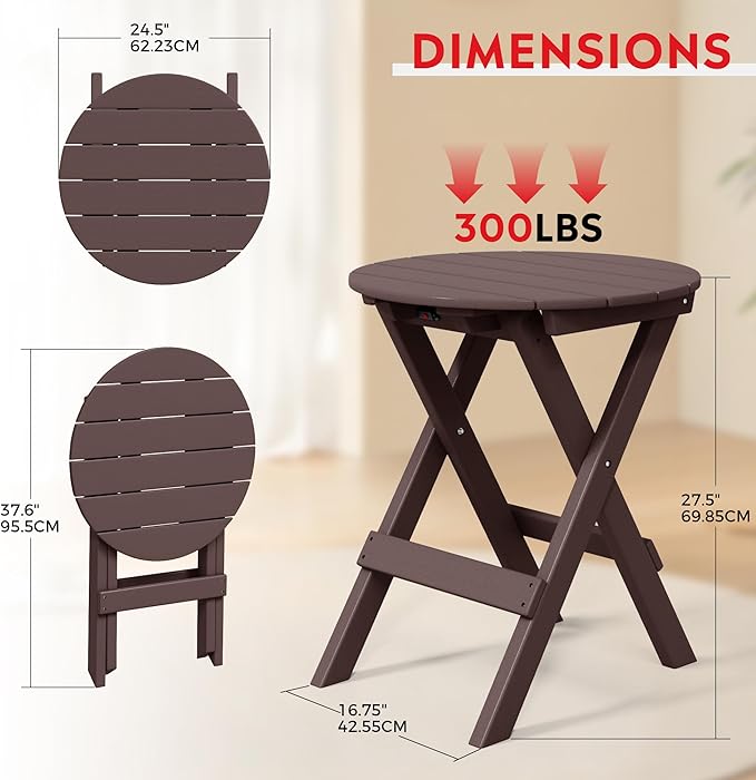Costaelm Paradise HDPE Outdoor 24.5 Inch Round Portable Folding Patio Dining Table, Dark Brown