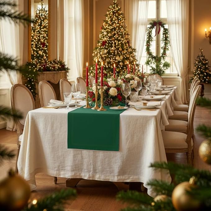 D'Moksha Homes Linen Forest Green Table Runner 90 Inches Long - 100% Pure Linen 14 x 90 Inch Table Runner for Dining, Winter, Holiday - Machine Washable
