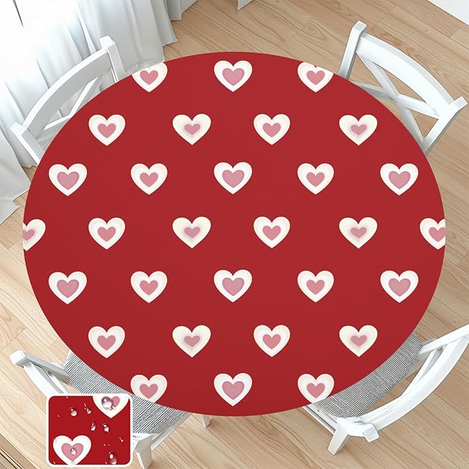 Valentines Day Round Fitted Tablecloth with Elastic Red Pink Heart Circle Table Cloth for 44-48" Round Tables Wipeable Waterproof Washable Burgundy Valentine Table Cover for Picnic Dining Party Decor