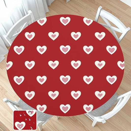 Valentines Day Round Fitted Tablecloth with Elastic Red Pink Heart Circle Table Cloth for 36-40" Round Tables Wipeable Waterproof Washable Burgundy Valentine Table Cover for Picnic Dining Party Decor