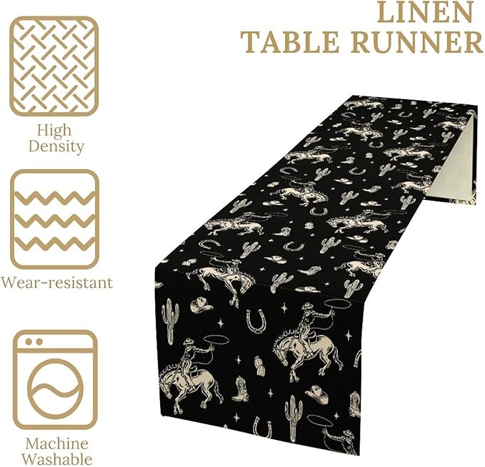 Vintage Western Cowboy Table Runner, Wild West Cowboy Riding Horse Desert Cactus Themed Table Runner for Home Kitchen Dining Party Farmhouse Cafe Outdoor 13x36in