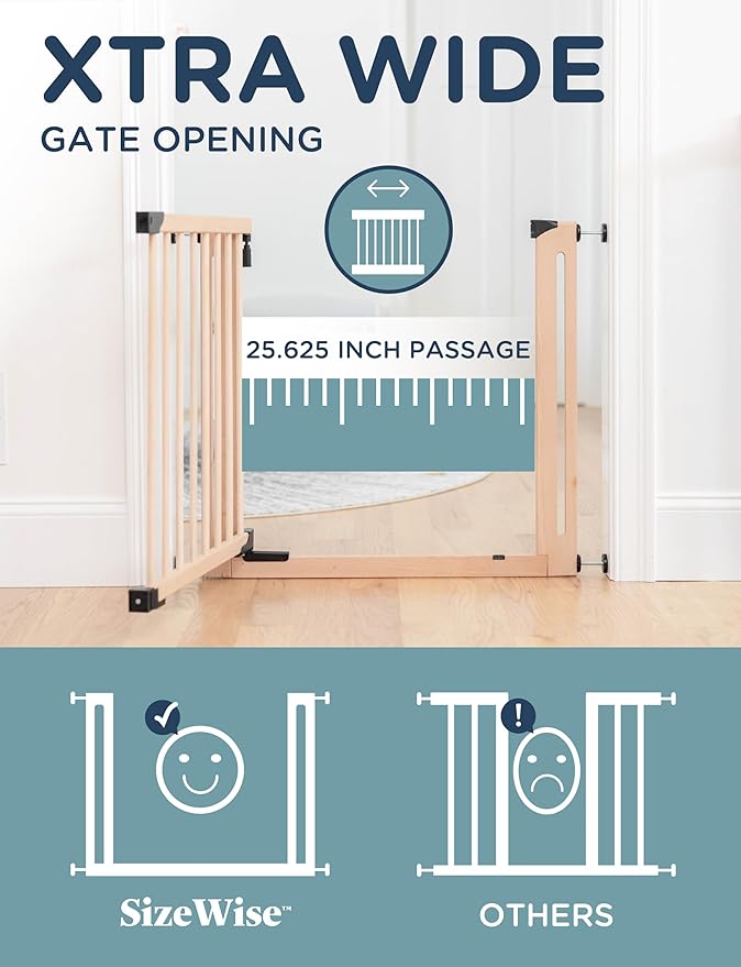 SizeWise™ Wood Pressure Mounted Safety Gate 34.25"-38.18" | Extra-Wide Passage | Auto-Close Two-Way Opening for Doorways and Hallways | Easy Installation | PEFC Certified Beech Wood (28.7" Passage)