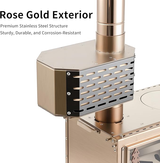 304 Stainless Steel Chimney Platform with Spark Arrestor and Cooking Platform, with Tent Protection, for Wood Burning Stoves with 70mm Diameter Chimneys, Rose Gold