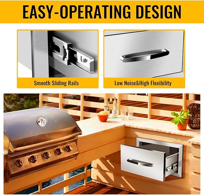 Pull Out Trash Drawer, Lower Sliding Rails Stainless Steel Roll Out Trash Bin Pull Out Tray With Handle For Outdoor Kitchen BBQ Island Grill Station,Single Drawer