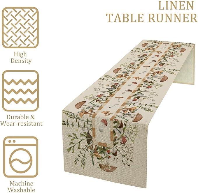 Wild Mushroom Table Runner, Retro Floral Plants Botanical Print Table Cover for Kitchen Dining Table Wedding Home Party Decor, 13x36inch