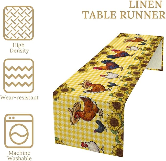 Farm Rooster Table Runner, Retro Western Farmhouse Chicken Sunflower Retro Yellow Buffalo Grid Print Table Runner for Dinning Holiday Party Indoor Outdoor Decor, 13x36inch