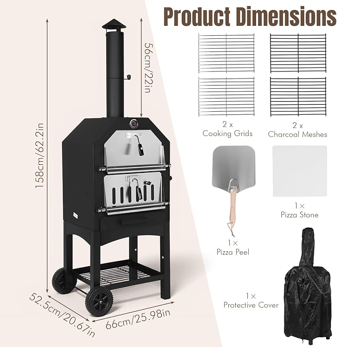 Outdoor Wood Fired Pizza Oven with Firewood Storage, Side Shelves, Cordierite Pizza Stone & Peel, 2 Cooking Grills, Thermometer, Portable Patio Pizza Maker for Backyard Parties and Camping