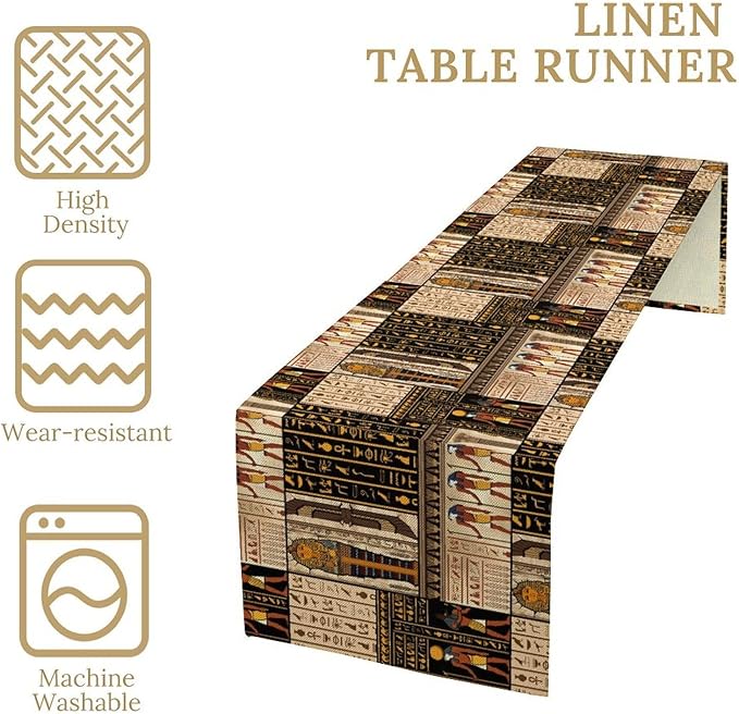 Ancient Egyptian Table Runner, Vintage Abstract Mystical Hieroglyphics Culture Table Runner for Dining Coffee Party Holiday Farmhouse 13x70in