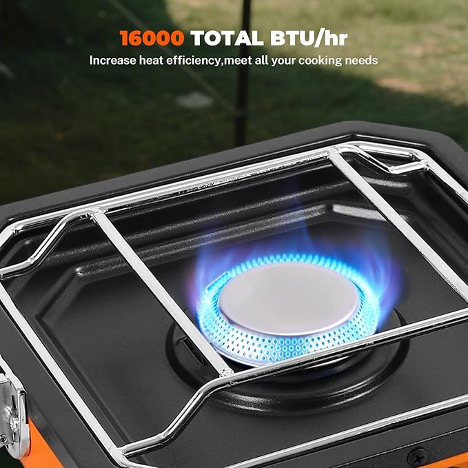 2 Burner Propane Camping Stove With Grill,Portable Foldable Camp Stove With 17000BTU, Two Piezo Ignition Adjustable Windproof Burners forCamping, Grilling, Tailgating, & More (Orange)