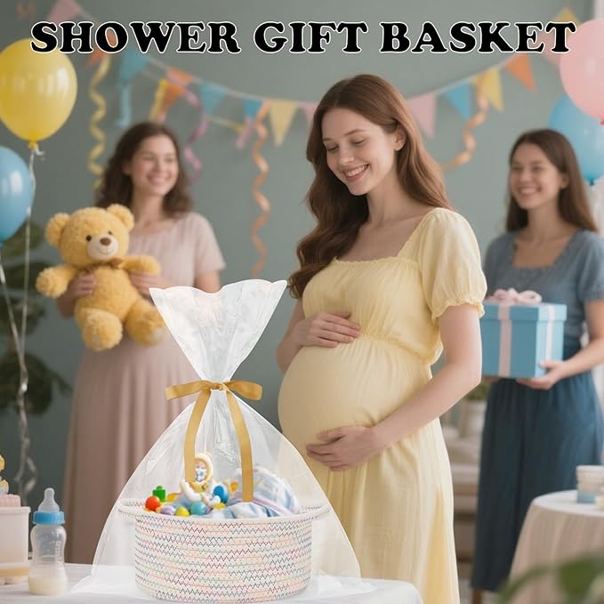 Gift Basket with Gift Bag and Ribbons,Small Rope Woven Shelf Storage,Baskets for Gifts Empty,Birthday,Baby Shower,Decorative Organizer Box with Handles(Colorful Thread)