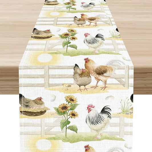 Farmhouse Rooster Table Runner, Sunflower Rooster Retro Farmhouse Sun Country Wooden Fence Chicken Coffee Table Center Decor for Home Kitchen Dining Patio Holiday Party Table Decorations 13"x90"