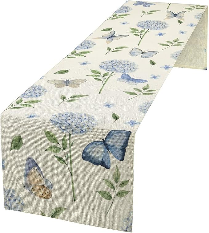 Hydrangea Butterfly Table Runner, Seasonal Spring Summer Table Runner for Holiday Kitchen Dining Home Party Outdoor 13x90in
