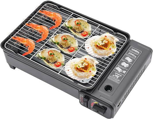 Portable Gas Grill Butane Stove, Tabletop BBQ Grill with Grilling Net and Baking Sheet for Camping Traveling Outdoor Cooking