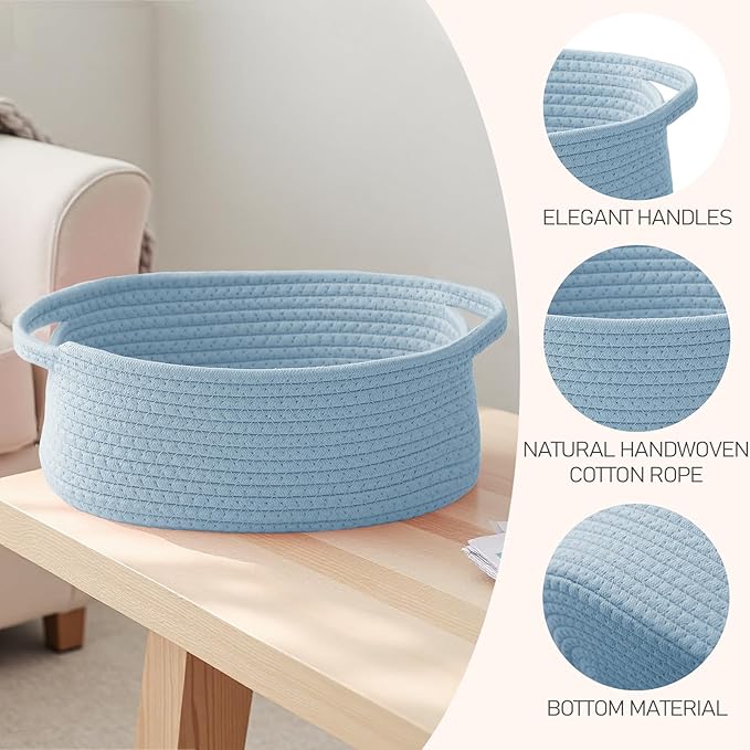 Woven Basket,Small Rope Storage Bin with Handles & Ribbon Bag, Organizer for Shelves Closets,Gift Basket Empty for Birthday,Books,Dog Toys, Blue/3 Pack
