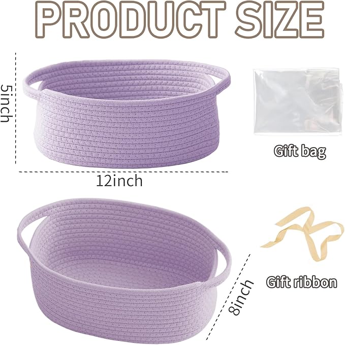 Woven Basket,Small Rope Storage Bin with Handles & Ribbon Bag, Organizer for Shelves Closets,Gift Basket Empty for Birthday,Books,Dog Toys, Purple/2 Pack