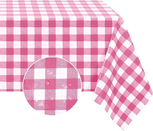 Romanstile Rectangle Vinyl Tablecloth, 100% Waterproof Buffalo Gingham Plastic Table Cloth, Heavy Duty Wipeable Checkered Table Covers for Outdoor, Camping, Picnic, Patio - 54 x 108, Hot Pink