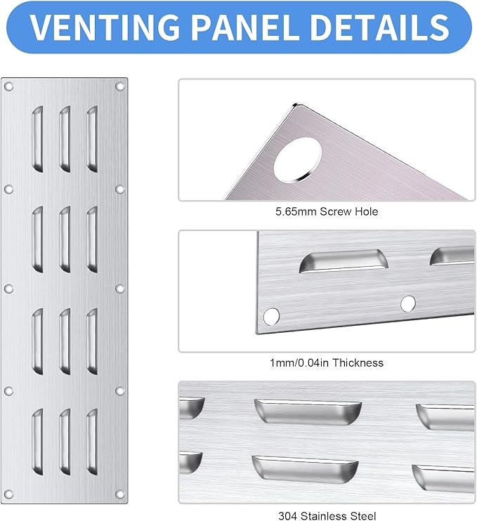 2 Pack Stainless Steel Venting Panel for BBQ Grill Accessory, 15x4.5 Inch (12-Slots), 304 Grade Metal Vent Cover for Masonry Fire Pits & Outdoor Kitchens, Weather Resistant, 15" by 4-1/2"