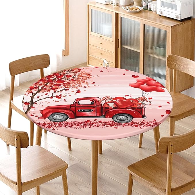 Valentines Day Round Fitted Tablecloth with Elastic Pink Red Heart Circle Table Cloth for 48-52" Round Tables Wipeable Waterproof Washable Gnome Truck Valentine Table Cover for Dining Picnic Party