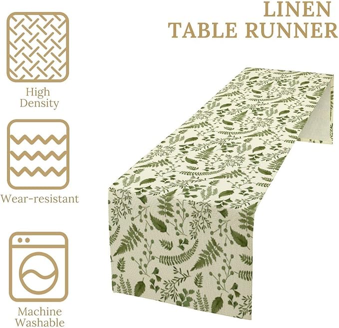 Green Leaves Table Runner,Spring Summer Herbs Botanical Natural Plants Print Table Runner for Kitchen Dining Table Farmhouse Home Party Decor 13x90in
