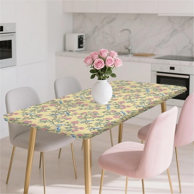 Rectangle Table Cloth Cover Waterproof Elastic Fitted Polyester Fitted Tablecloths for 6 Foot Tables for Indoor,Picnic, Camping, Outdoor （72" x 30"，Bird）